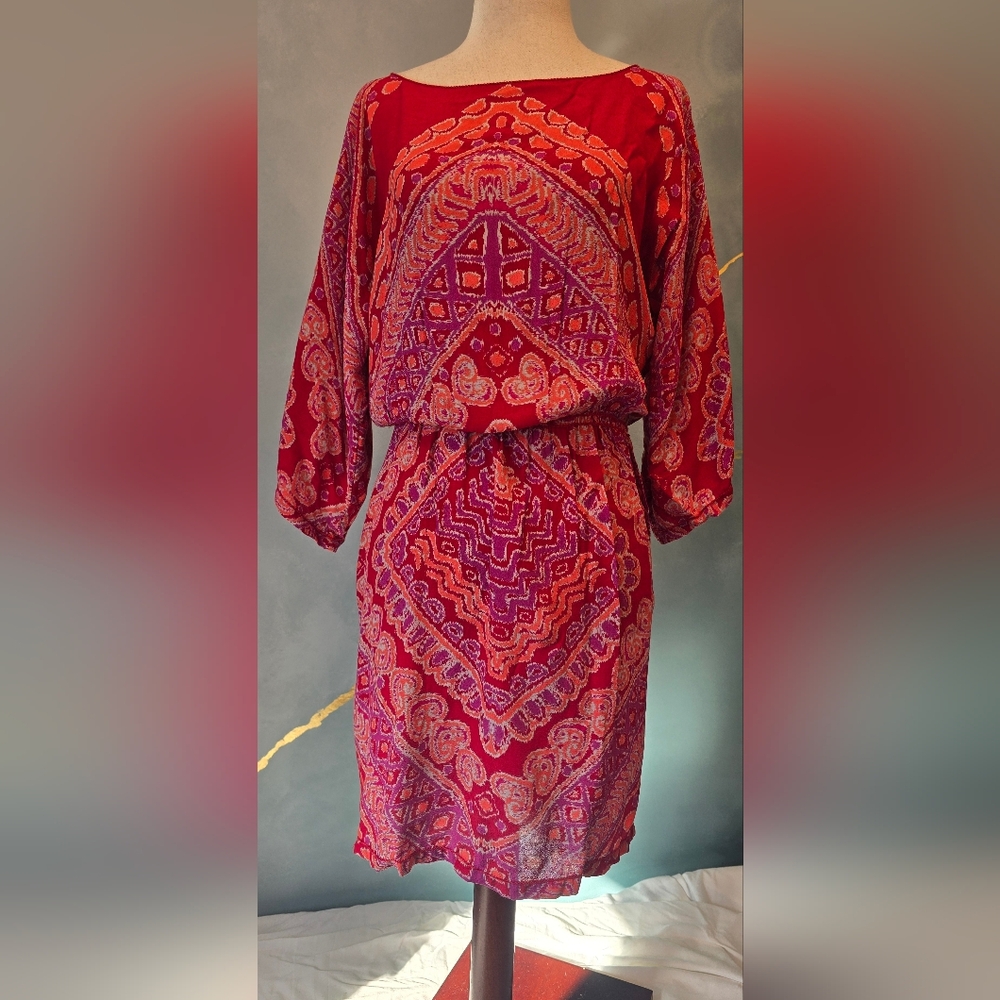 Chelsea & Violet Red Purple Coral 3/4 Sleeve Mini Dress Bloused Elastic Waist S